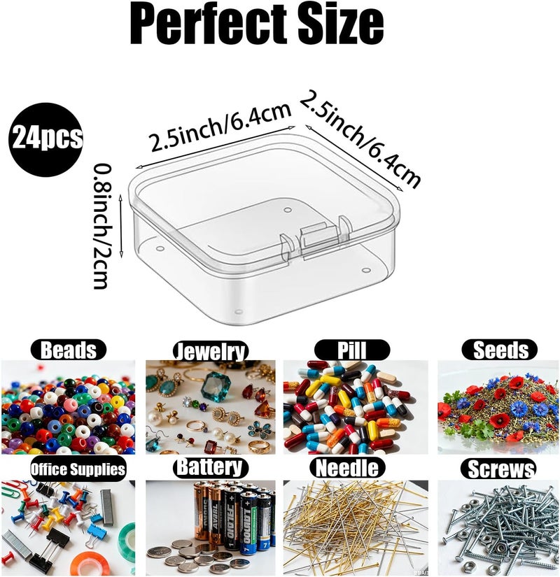 Rocutus 24 Pack Small Clear Plastic Containers,Bead Organizer and Storage Plastic Cases Mini Clear Dimond Storage Containers Boxes with Hinged Lid for Bead,Dimond Art,Jewelry,Office Supplies(2.5 x 2.5 x 0.79) - Image 2